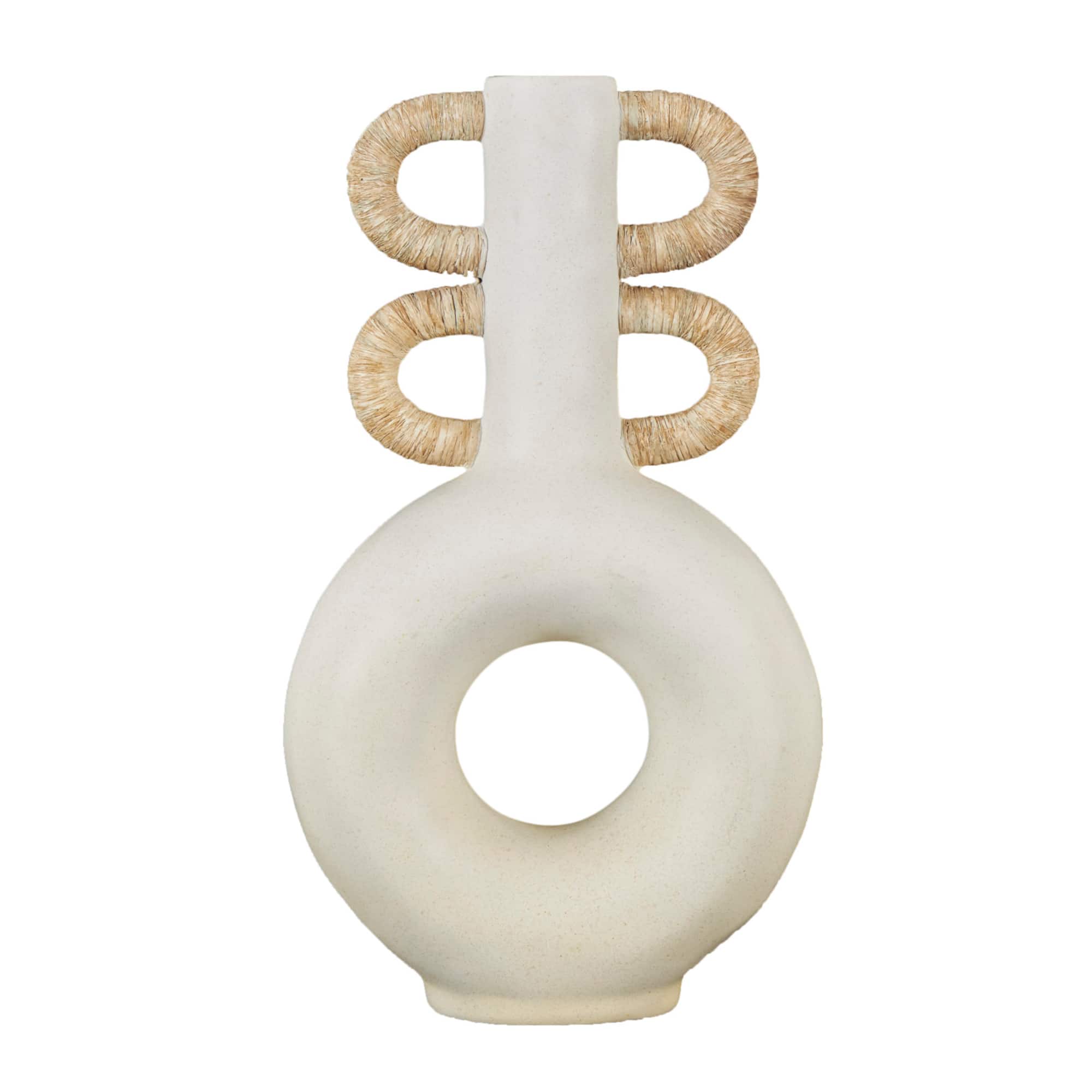 16" Cream Round Speckled Vase with Woven Inspired Arched Handles & Cutout Opening